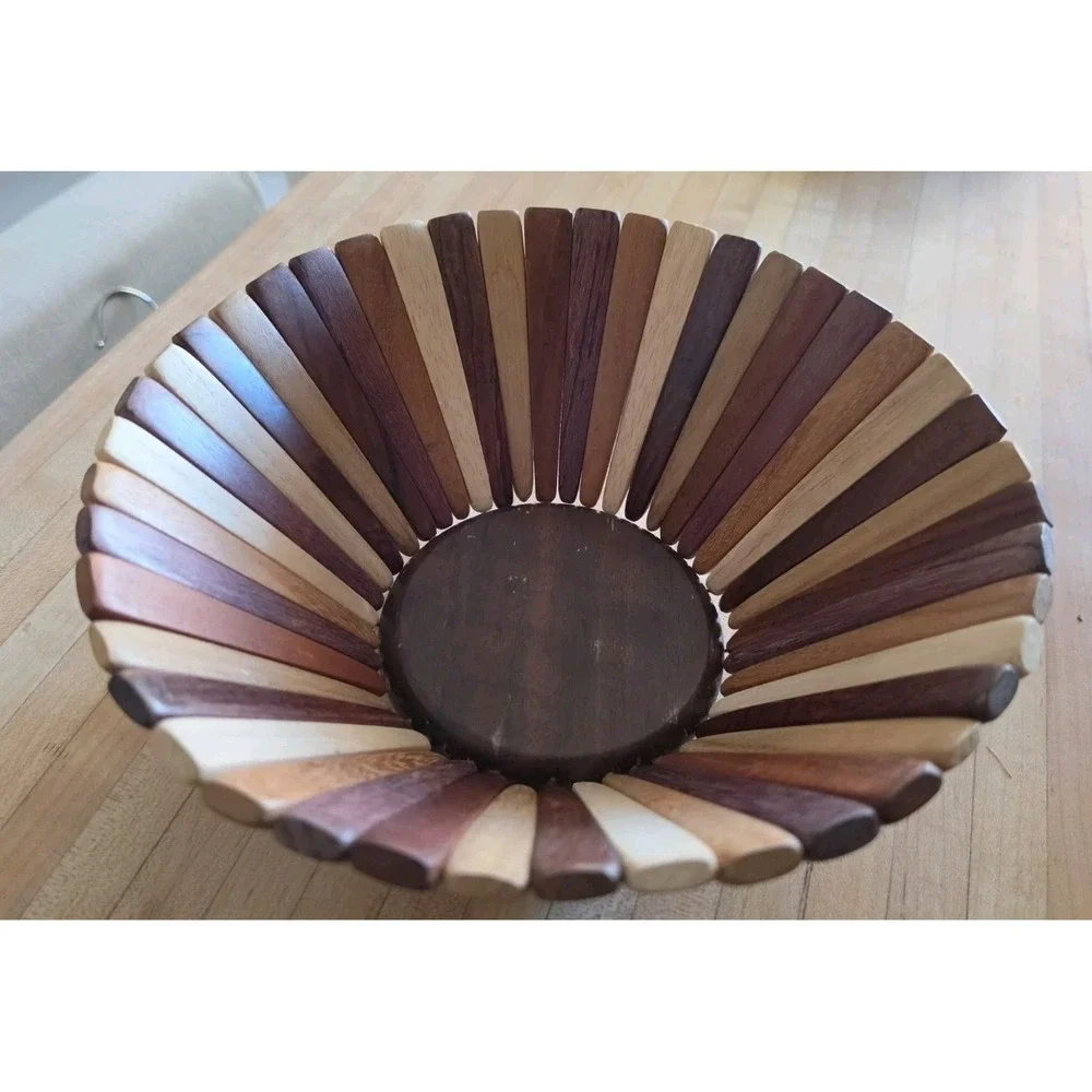 VTG MCM Flexible Multi Wood Slatted Fruit Bowl Basket Accordion Segmented SZ M